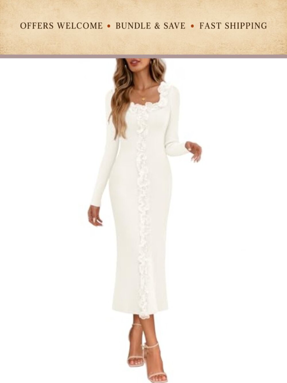 Women's Long Sleeve Ribbed Knit Midi Sweater Dress Square Neck Ruffle